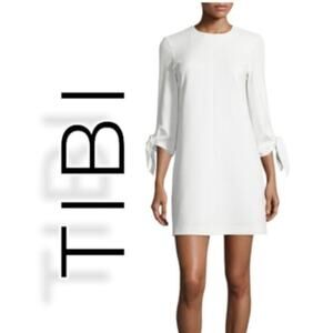 TIBI Ivory Crepe Tie Sleeve Shift Seersucker Dress | 2​​​​​​​​​​